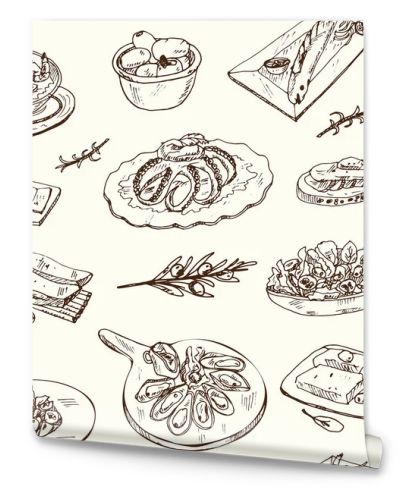 Mediterranean cuisine Vector seamless pattern with food and drink hand drawn doodles.
