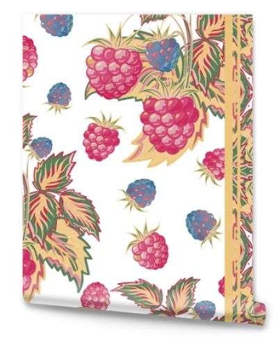 Set of raspberry seamless pattern and border. Pastel summer vector background for textiles, pillow, interior decoration