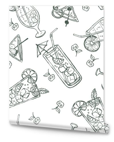 Seamless doodle cocktail pattern. Pastel color background with juice, cocktails, and fruits.
