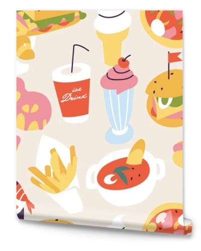 Vector illustration set of colorful cartoon fast food icons. Seamless pattern with junk food