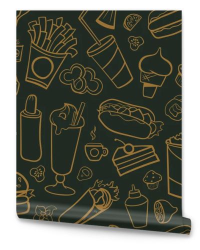 Fast food drawings seamless pattern. Line arts with dark background