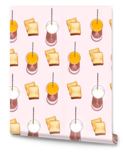 seamless pattern food breakfast, lunch juice, milk and toast with a shadow on the hard light, trend, creative, pattern for packaging on a pink background