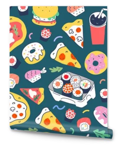 Fastfood pattern with doodle food illustrations. Seamless vector background, italianpizza, sushi rolls,burgers and donuts, slices of pepperoni and margherita, trendy cartoon, vector texture