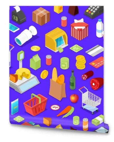 Supermarket shopping isometric seamless pattern