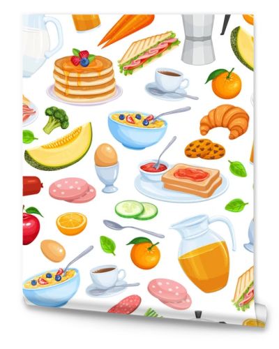 Breakfast Seamless Pattern Food Design Vector. Jug of Milk, Coffee Pot, Cup, Fruits and Vegetables. Baking, Orange Juice, Sandwich and Fried Eggs. Pancakes and Toast with Jam.