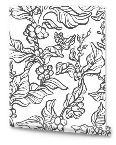 Vector seamless pattern of coffee tree, branch, leaves, bean. Natura simple print, tropical background Floral silhouette, hand draw art line illustration Exotic texture Summer plantation, rich harvest