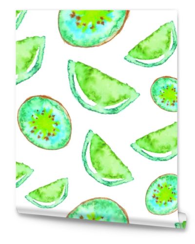 Seamless Watercolor Lime and Kiwi fruits tropical pattern. Green fruit exotic background.
