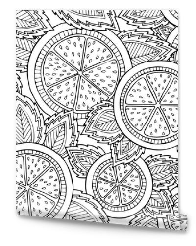 Black and white seamless pattern with lemons, oranges and leaves. Graphic citrus background.