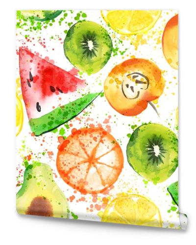 Set of Fresh fruit watercolor objects. Watercolored apple, citruses, avocado and qiwi in one art collection with splashes. Healthy lifestyle set with fruits and juice splash