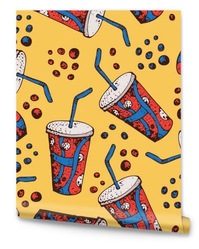 Vector hand drawn seamless pattern of soda, cola drink. Fast food cartoon background. For identify the restaurant, packaging, menu design, fabric texture.