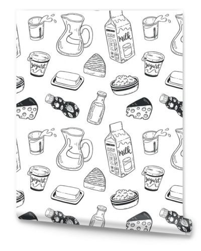 hand drawn vector seamless pattern with sketch Dairy products