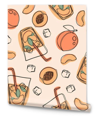 Peach tea or cocktail seamless pattern. Vector hand drawn illustration on isolated white background.