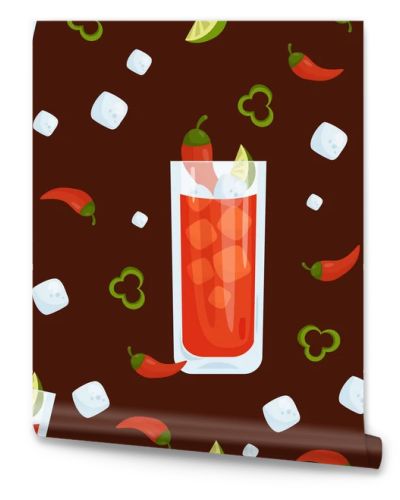 Seamless pattern with cocktail. Mexican Vampiro in glass with ice cubes, chili peppers and lime on black background. Vector illustration. Pattern with latin american drink on Halloween