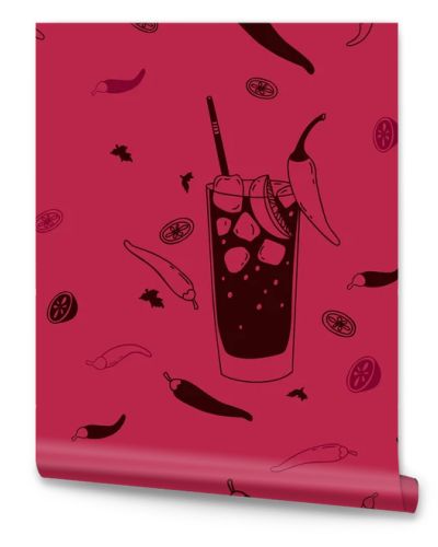 Seamless pattern with Mexican cocktail Vampiro on magenta background with chili peppers and lime slices. Vector illustration latin american drink in doodle style