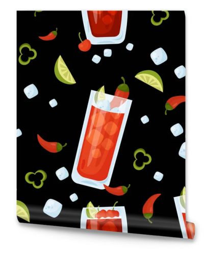 Seamless pattern with cocktails. Mexican Vampiro and Cherry limeade drinks in glass on black background with ice cubes, chili peppers and lime. Vector illustration. Pattern with latin american drinks