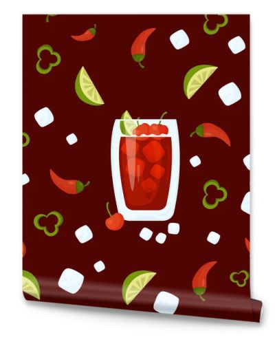 Seamless pattern with Mexican cocktail. Cherry limeade drink in glass with ice cubes, cherries and lime on dark burgundy background with chili pepper. Vector pattern with latin american drink