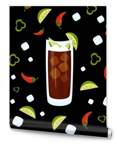 Seamless pattern with Mexican cocktails. Charro Negro and Cherry limeade drink in glass on black background with lime slices, ice cubes and chili peppers. Vector pattern with latin american drink
