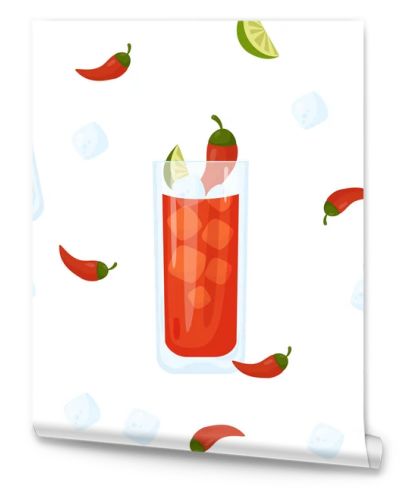 Seamless pattern with Mexican cocktail Vampiro on white background with ice cube, chili peppers and lime slices. Vector illustration. Pattern with latin american drink for wallpaper, print, decor