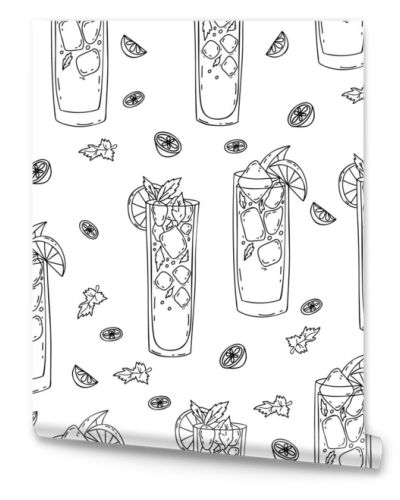 Seamless pattern with glasses of Mexican cocktails Charro Negro on white background with lime slices. Vector endless background with latin american drinks in linear hand drawn doodle style