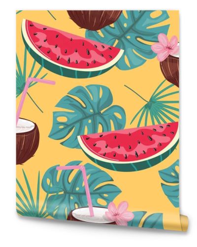 Beautiful seamless pattern with watermelon and coconut with tropical leaves on the background.Tropical background.