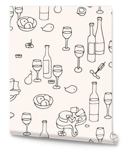 Vector seamless pattern with icons in linear style - wine sets with bottles of wine, glasses and plates with cheese and fruits