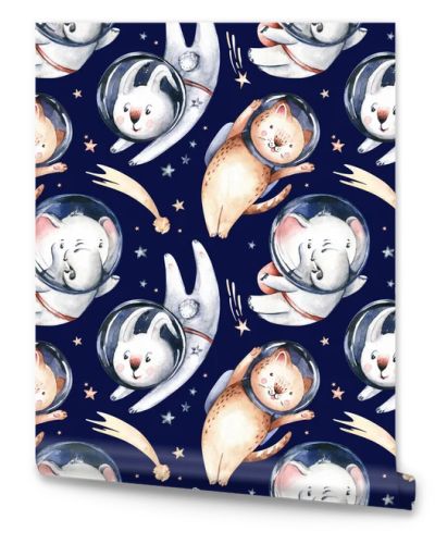 Astronaut seamless pattern. Universe kids Baby boy girl elephant, fox cat and bunny, space suit, cosmonaut stars, planet, moon, rocket and shuttle watercolor space ship background.