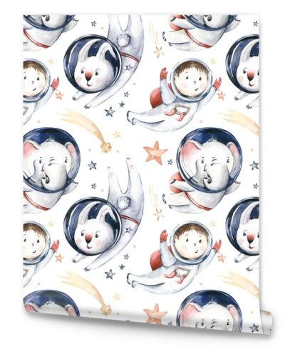 Astronaut seamless pattern. Universe kids Baby boy girl elephant, fox cat and bunny, space suit, cosmonaut stars, planet, moon, rocket and shuttle watercolor space ship background.