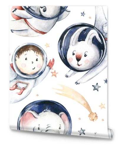 Astronaut seamless pattern. Universe kids Baby boy girl elephant, fox cat and bunny, space suit, cosmonaut stars, planet, moon, rocket and shuttle watercolor space ship background.