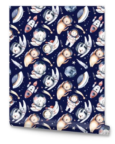 Astronaut seamless pattern. Universe kids Baby boy girl elephant, fox cat and bunny, space suit, cosmonaut stars, planet, moon, rocket and shuttle watercolor space ship background.