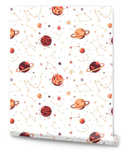 Seamless pattern. Space elements, children's pattern, astronauts, planets, stars. Space and the universe. White background