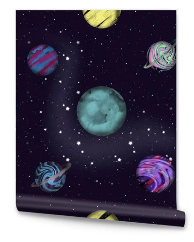 Space seamless pattern with Planets and Stars. Texture with Cosmic elements.