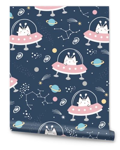 Seamless Pattern Kawaii Cute Cat in Spaceships, Cartoon Animals Background, Vector Illustration. 