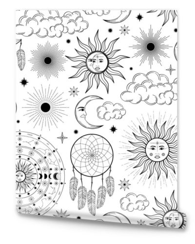 Hand drawn seamless pattern of Sun, Moon, sunburst, dreamcatcher, constellation, feather, star. Celestial space vector. Magic space galaxy sketch illustration for wallpaper, wrapping paper, fabric