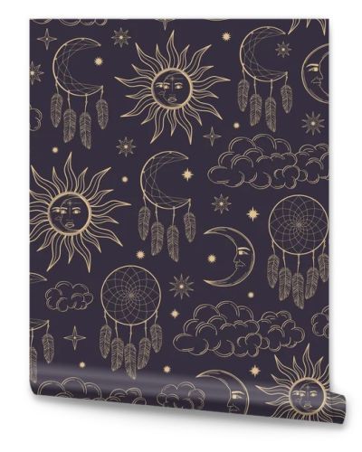 Hand drawn seamless pattern of Sun, Moon, dreamcatcher, feather, star, cloud. Celestial space vector. Magic space galaxy sketch illustration for wallpaper, wrapping paper, fabric
