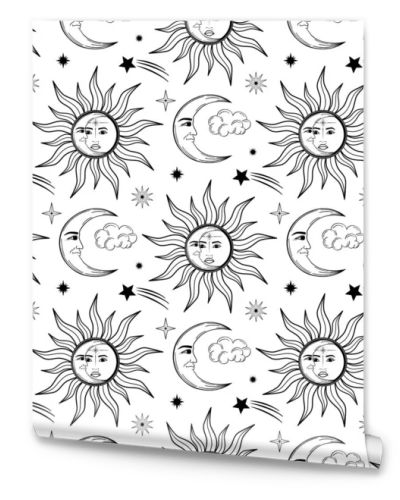 Hand drawn seamless pattern of Sun with woman face, Moon with man face, star and cloud. Celestial space vector. Magic space galaxy sketch illustration for wallpaper, wrapping paper, fabric, packaging