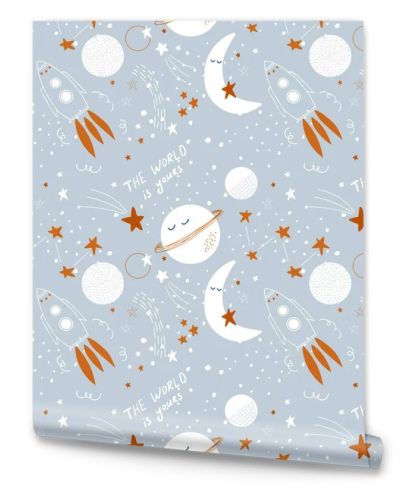 Vector seamless pattern with stars, rockets and planets. Cute baby space background in simple hand drawn Scandinavian style. Good for decorating nursery, baby clothes, baby shower decor.