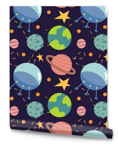Pattern with planets, rockets, stars, comets, spaceships in cartoon style. Seamless pattern. Can be used for wallpaper, fill web page background, surface textures