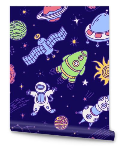 Space seamless pattern in hand drawn doodle style, cartoon vector illustration.