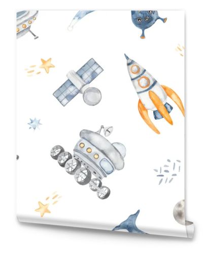 Flying saucer, rocket, satellite, lunar rover, aliens, stars, planets Watercolor seamless pattern space