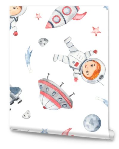 Little astronauts, rocket, shuttle, flying saucer, comets, meteorites, planet Watercolor seamless pattern space