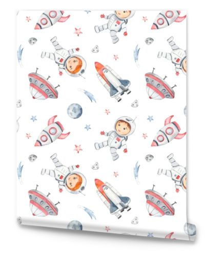 Little astronauts, rocket, shuttle, flying saucer, comets, meteorites, planet on a white background Watercolor seamless pattern space