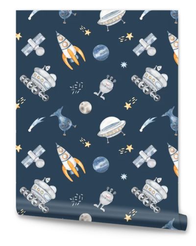 Flying saucer, rocket, satellite, lunar rover, aliens, stars, planets on a blue background Watercolor seamless pattern space