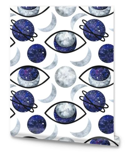 The universe is in open eyes. Abstract seamless pattern with the moon and space in the pupil. Stylish space ornament on a white background. Decorative print with mystical watercolor illustrations