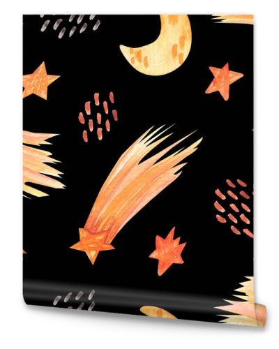 Watercolor seamless pattern with space elements as moon, falling stars, comet on dark background. Galaxy wallpaper, for textile, design, card, nursery, wrapping paper