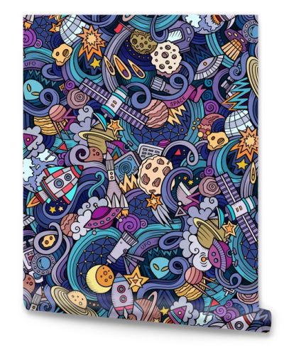 Cartoon hand-drawn doodles on the subject of space seamless pattern