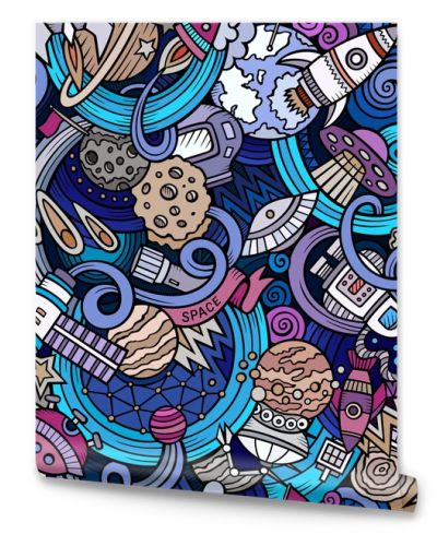 Cartoon hand-drawn doodles on the subject of space seamless pattern