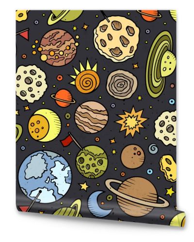 Cartoon hand-drawn space, planets seamless pattern