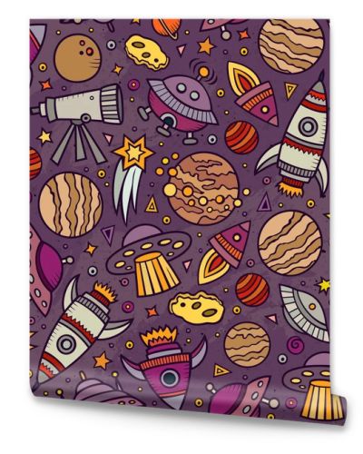 Cartoon hand-drawn space, planets seamless pattern