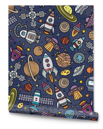 Cartoon hand-drawn space, planets seamless pattern