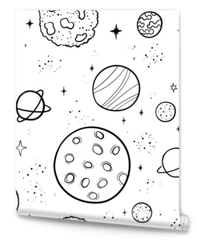 Hand drawn space banner template. Space doodle Vector illustration with cartoon rocket, planets, stars. Universe for your design